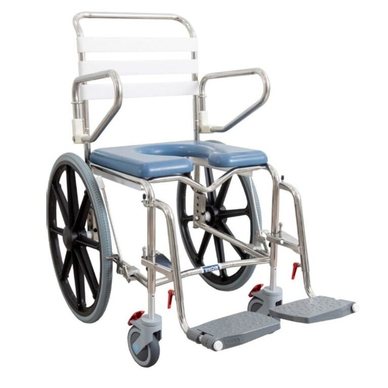 KCare Height Adjustable Self Propelled Shower Commode with Swing-Up Arms Swingaway Footrest 445mm